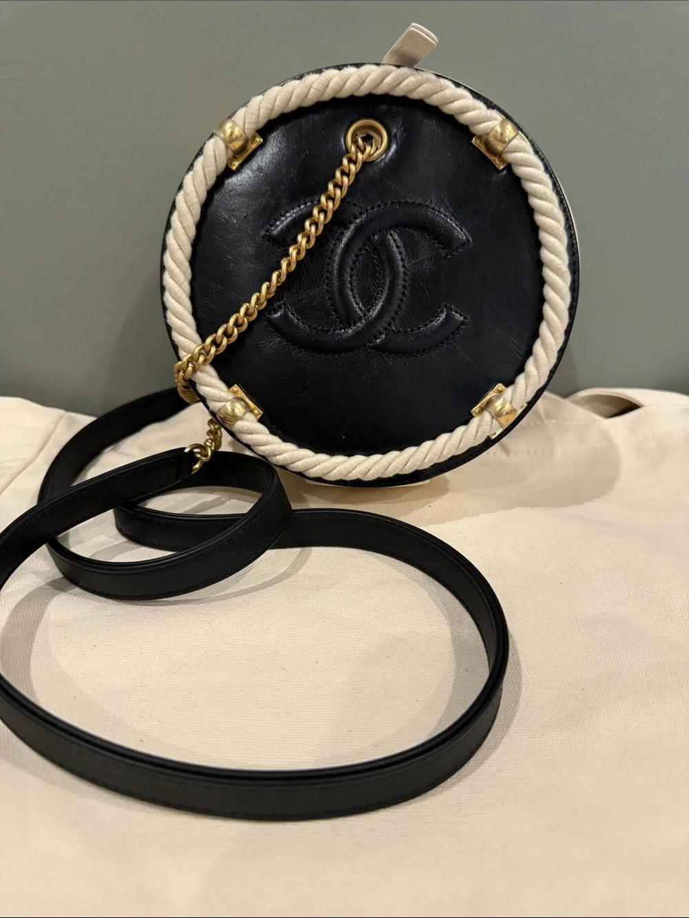 CHANEL Black Leather Circular Crossbody with Cream Rope Trim